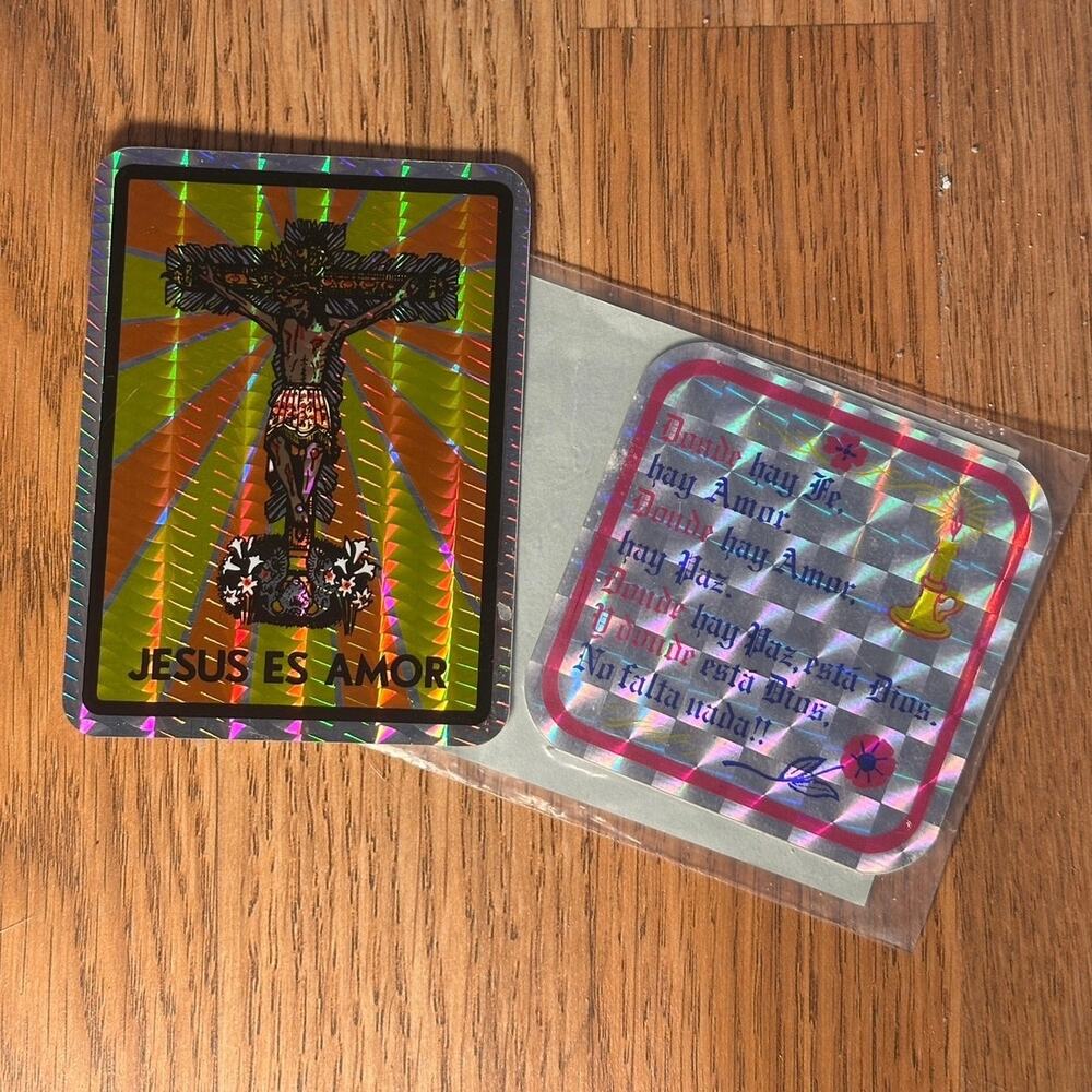 Vintage Holographic Spanish Catholic Stickers Decals Jesus Es Amor Crucifix Lot2